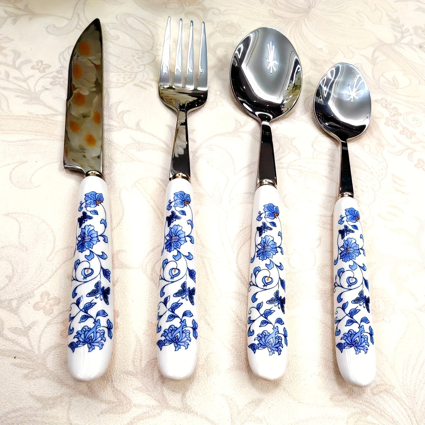 4/24pcs Blue and White Porcelain Ceramic Handle Silverware | Elegant Steak Forks, Table Knife, Spoons, Polished 410 Stainless Steel, Suitable for Restaurants, Kitchens, Daily Dining, Parties, Holiday Gatherings