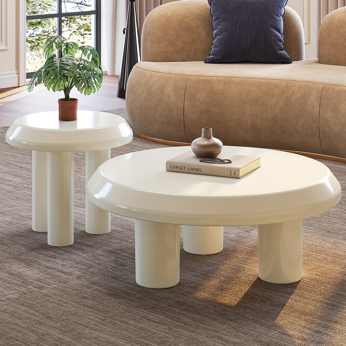 Modern Nesting Coffee Table Set – Cream White Round Tables (Set of 2)