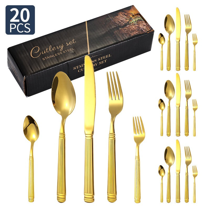 60/40/20pcs, Luxurious Striped Roman Column Stainless Steel Knife, Fork and Spoon Set, Kitchen Stainless Steel Tableware Set, Mirror-polished Finish, Suitable for Use in Households, Restaurants, Hotels and Parties, Can Be Was