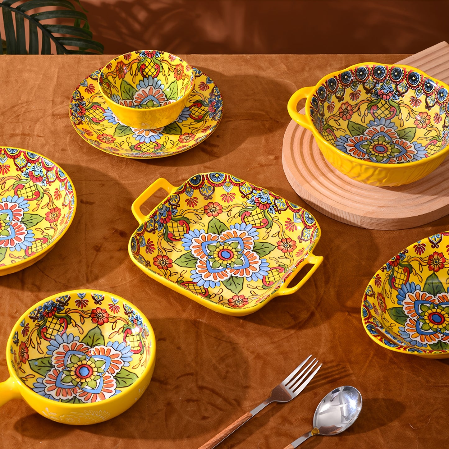 Bohemian Yellow Ceramic Dinnerware Set (6 / 8 Pieces) – Microwave, Oven & Dishwasher Safe