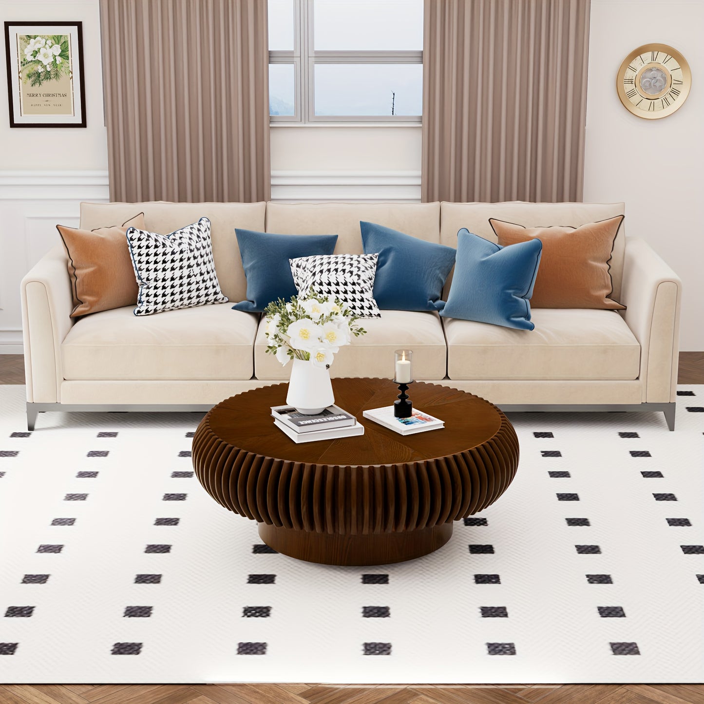 Brown Fluted Drum Coffee Table – Round Pedestal Center Table