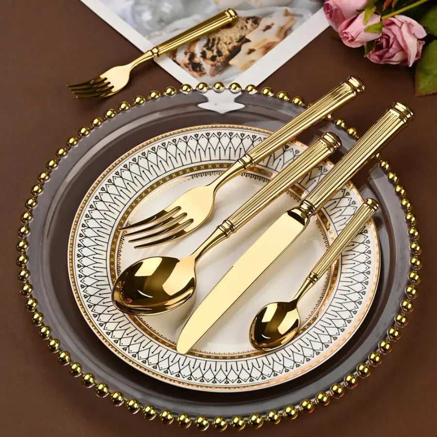 60/40/20pcs, Luxurious Striped Roman Column Stainless Steel Knife, Fork and Spoon Set, Kitchen Stainless Steel Tableware Set, Mirror-polished Finish, Suitable for Use in Households, Restaurants, Hotels and Parties, Can Be Was