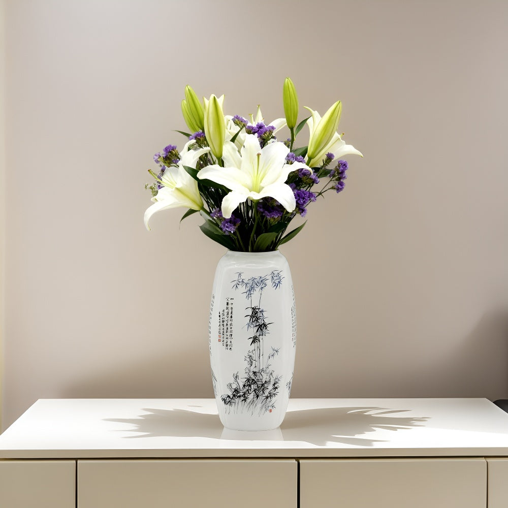 Modern Vase, 12.6inch Ceramic Vase for Home Decor, Flowers, Hydroponic Plants, Wedding, Centerpiece, St Patrick's Day, Easter, Spring Decor, Designer Recommended.Square Ceramic Vase Decorated with the "Four Gentlemen"(Plum, O