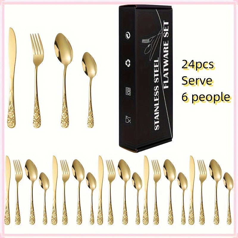 24pcs Stainless Steel Cutlery Set with Patterned Handles in a Gift Box