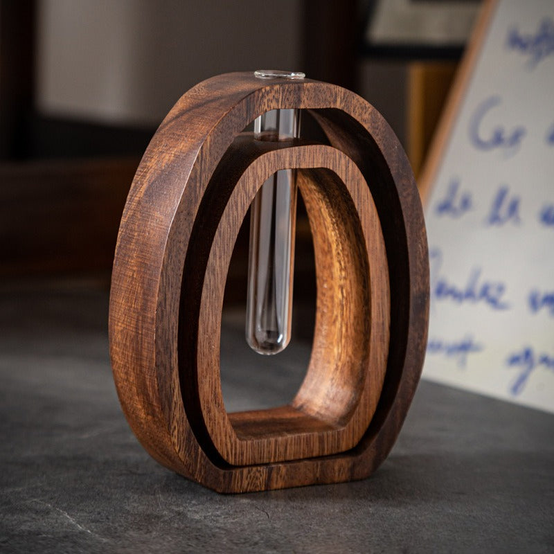 4pcs Walnut Wood & Glass Hydroponic Plant Container - Retro Vertical Aquatic System with 2pcs Glass Vases & 2pcs Walnut Wood Bases, Glass Flower Holders for Aerated Root - Home Office Desk Decoration, Space-Saving Hydroponic