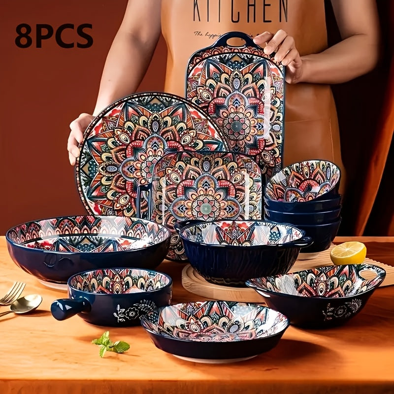 Bohemian Vintage Floral Ceramic Dinnerware Set (8-Piece) – Plates & Bowls