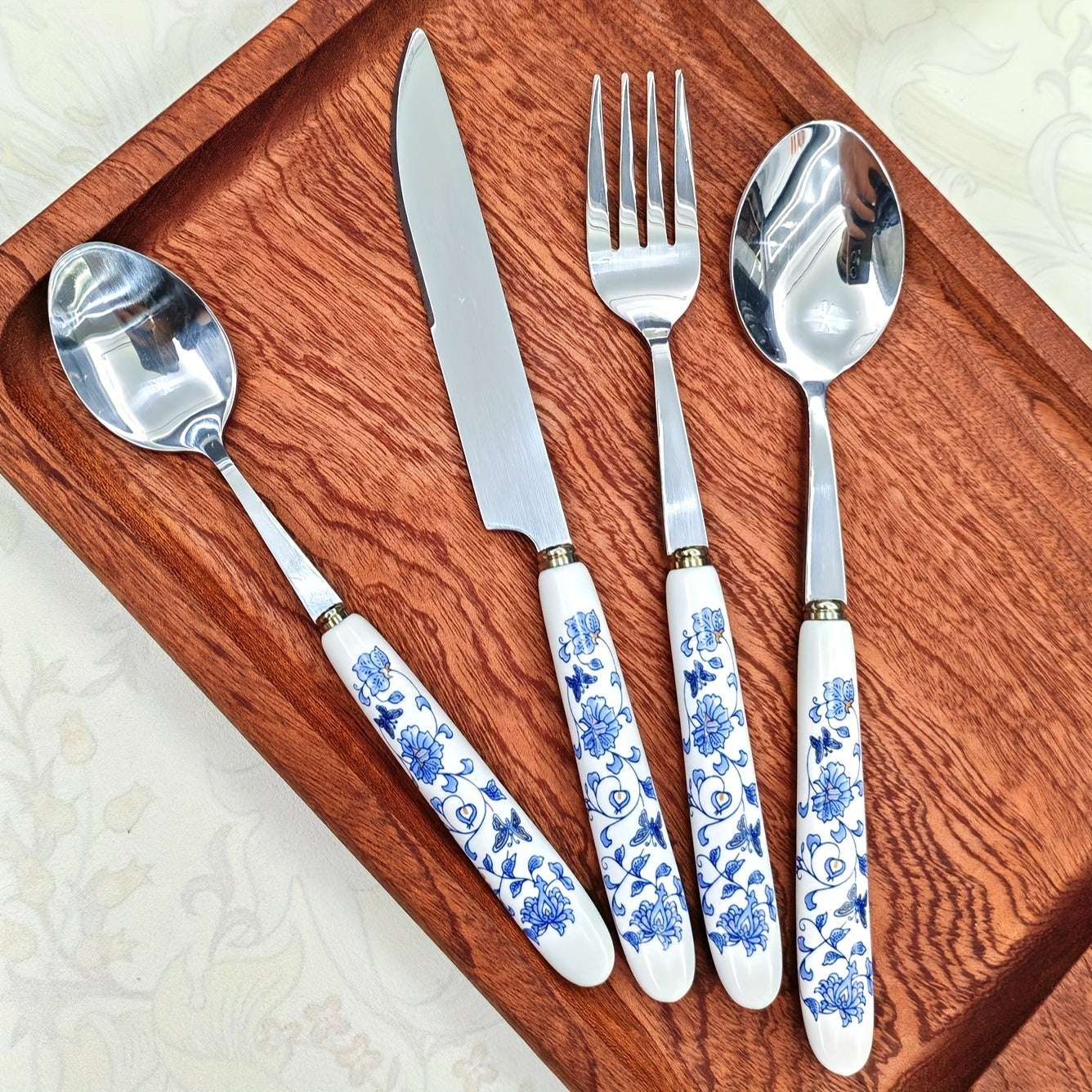 4/24pcs Blue and White Porcelain Ceramic Handle Silverware | Elegant Steak Forks, Table Knife, Spoons, Polished 410 Stainless Steel, Suitable for Restaurants, Kitchens, Daily Dining, Parties, Holiday Gatherings