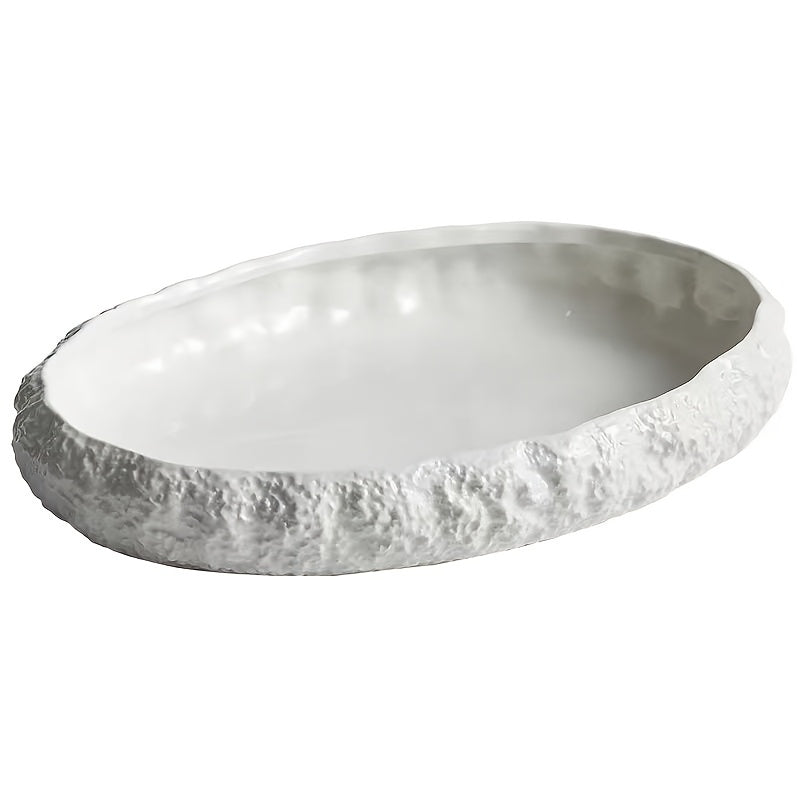 Large Oval Rock-Texture Ceramic Serving Plate – Elegant White Seafood Platter