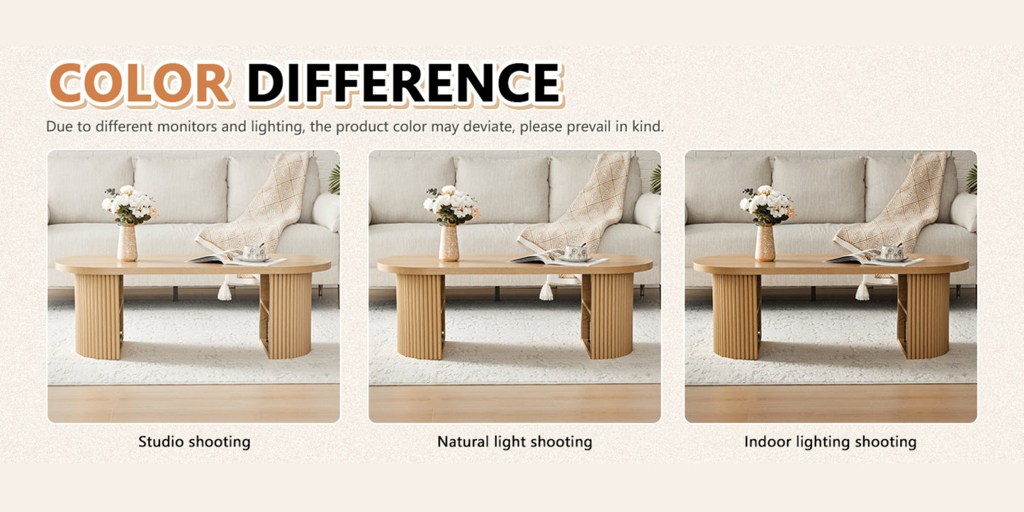 OOval Fluted Coffee Table with Storage – Farmhouse Mid-Century Center Table (47”)