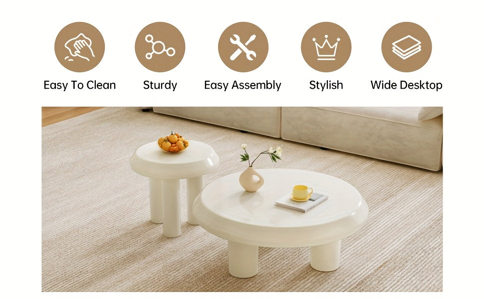 Modern Nesting Coffee Table Set – Cream White Round Tables (Set of 2)
