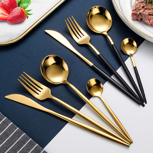 24pcs Stainless Steel Tableware Set, 6-Person Dinnerware Set (Black Golden), Includes Dinner Knife, Fork, Spoon, Coffee Spoon, Mirror Polished Cutlery Set, Suitable for Family Gatherings and Hotel Restaurant Use