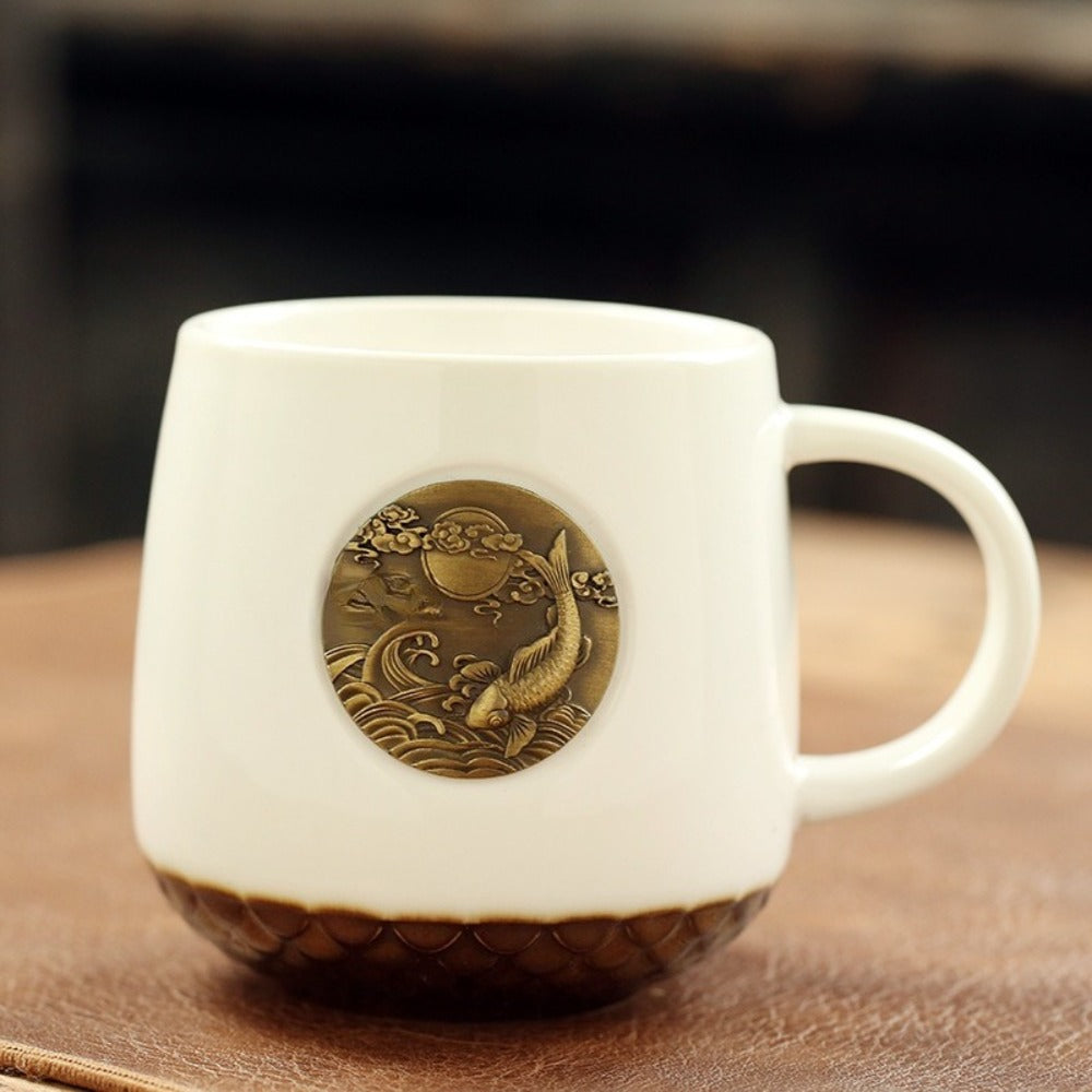 Premium Fish Scale Ceramic Mug & Bronze Coffee Cup - University-Themed Graduation Gift Suitable for Students, Elegant Fish Scale Texture & Bronze Coffee Cup, Creative Artisan Present for Her or Him, Ceramic and Bronze Cup