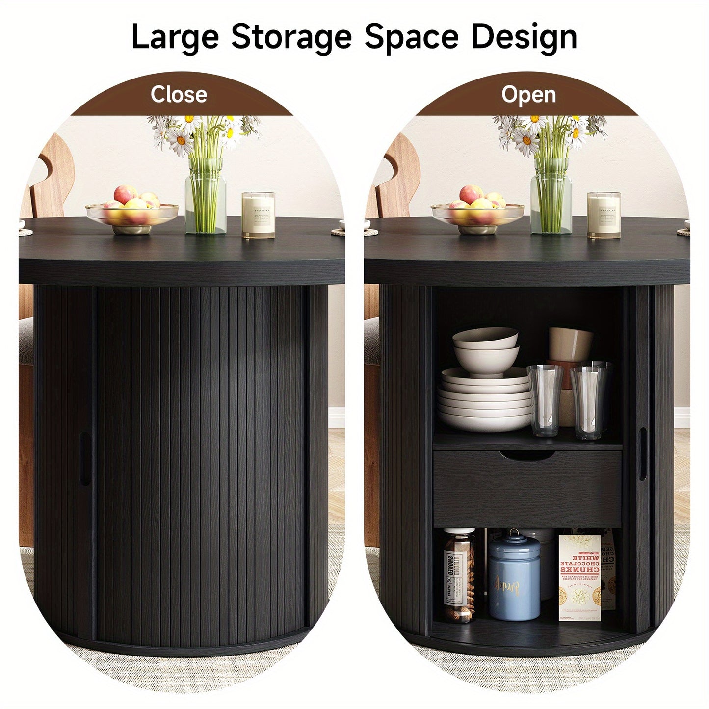 Round Dining Table with Storage – Sliding Doors & Drawer (47”)