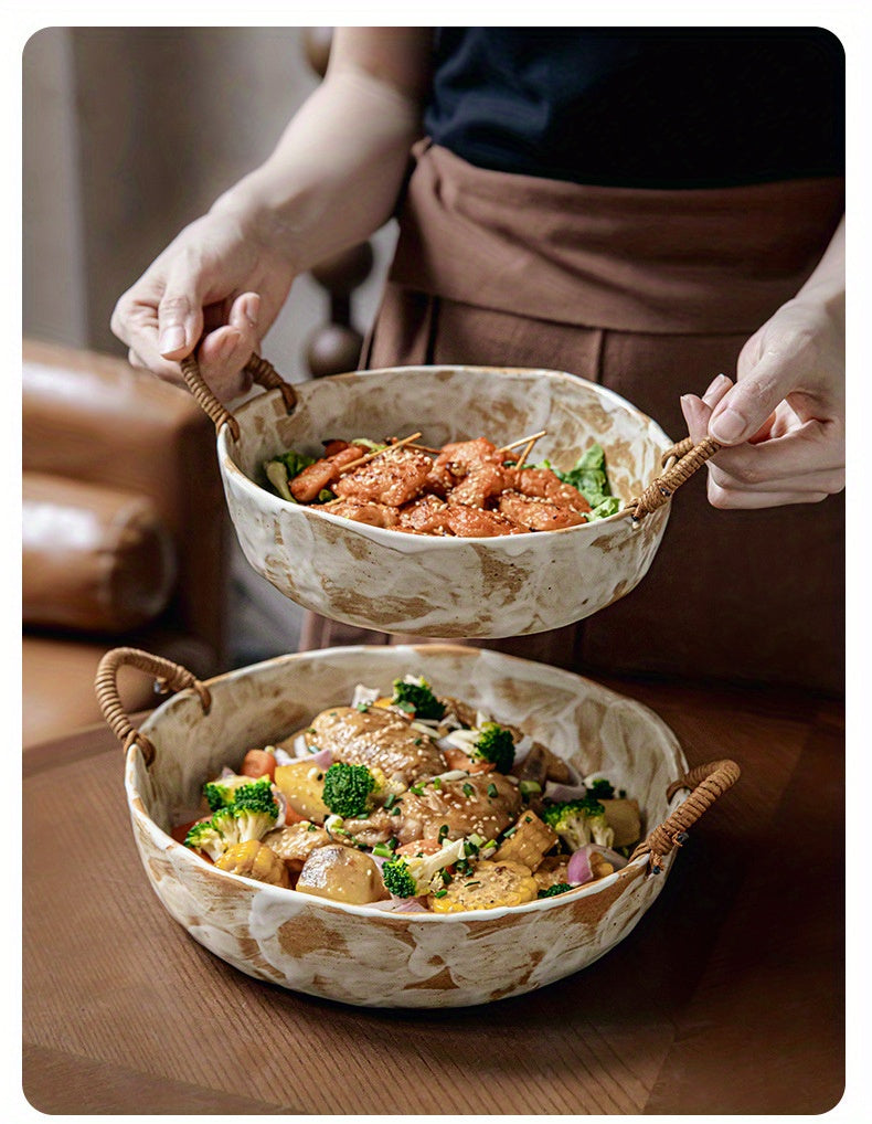 Handmade Rustic Pottery Bowl with Handles – Retro Deep Plate & Serving Bowl