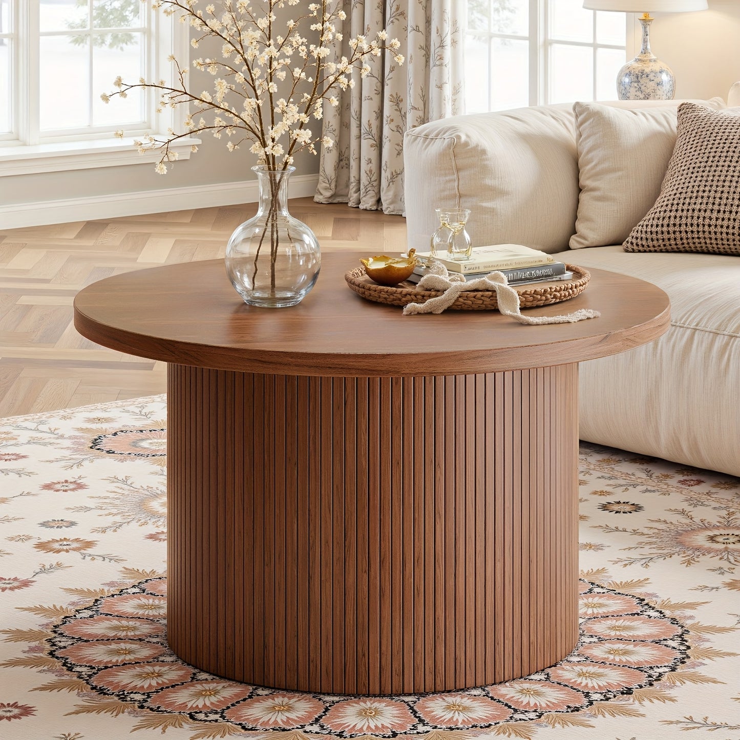 31.5” Round Farmhouse Coffee Table – Wood Center Table with Storage & Roll Pads
