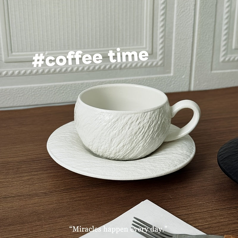 Single Set Vintage Matte Stone-Patterned Ceramic Coffee Cup & Saucer | Exquisite Latte Art Cup for Home & Café, Elegant Afternoon Tea Gift, Non-Slip, Hand Wash Only