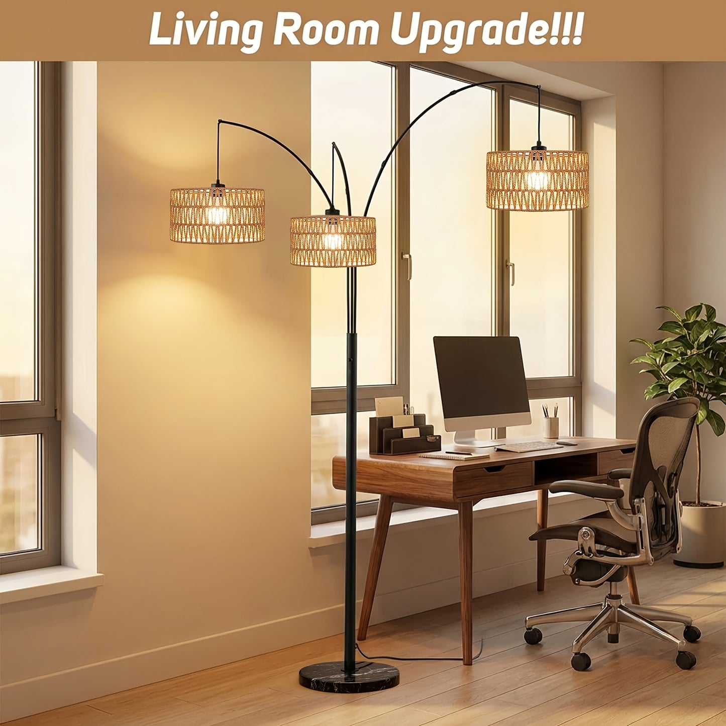 Arc Floor Lamps Designed for Living Spaces, Featuring a Farmhouse Boho Style with a Marble Base, Suitable for Bedrooms And Offices. This Tall, Dimmable Lamp Comes with Rattan Lampshades, Perfect for Reading, And Is Available