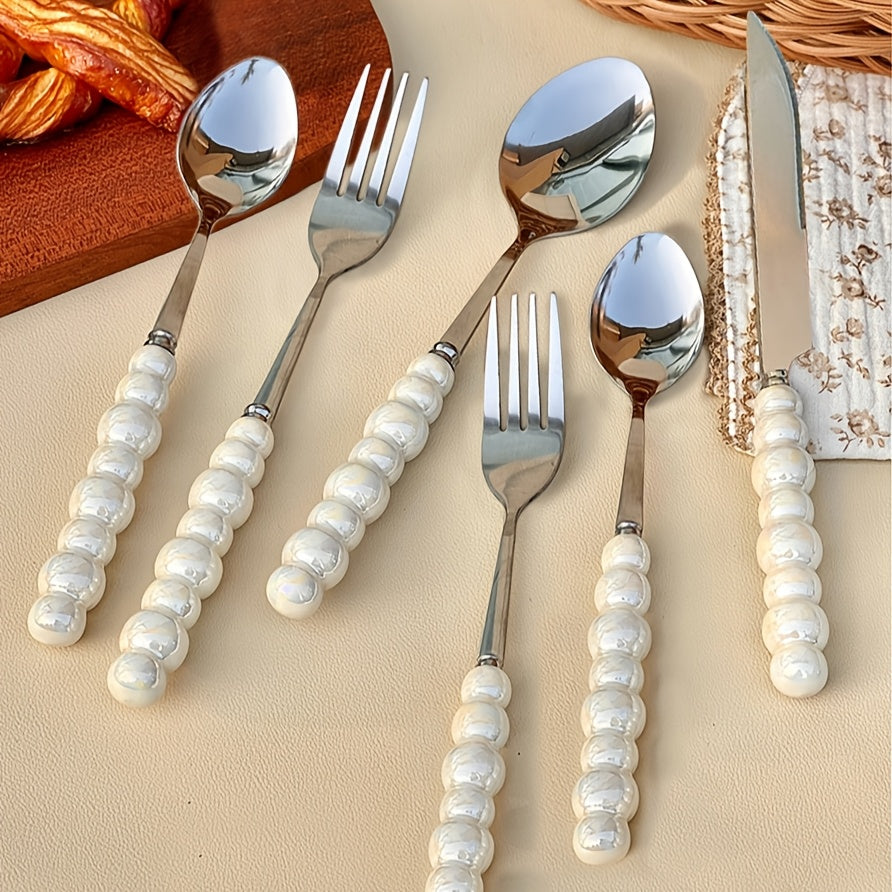 3/4/9/12 Beautiful Pearl-Shaped Stainless Steel Cutlery Sets with Ceramic Handle Table Knives, Dessert Spoons, Forks, and Spoons - Elegant Kitchen Tools and Accessories Perfect for Daily Family Dining, Birthday Parties, and H