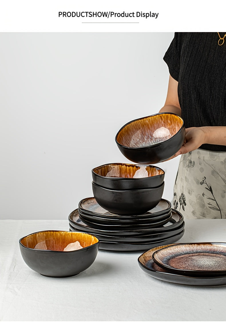Brown Flame Glaze Ceramic Dinnerware Set (12-Piece) – Modern Plates & Bowls for 4