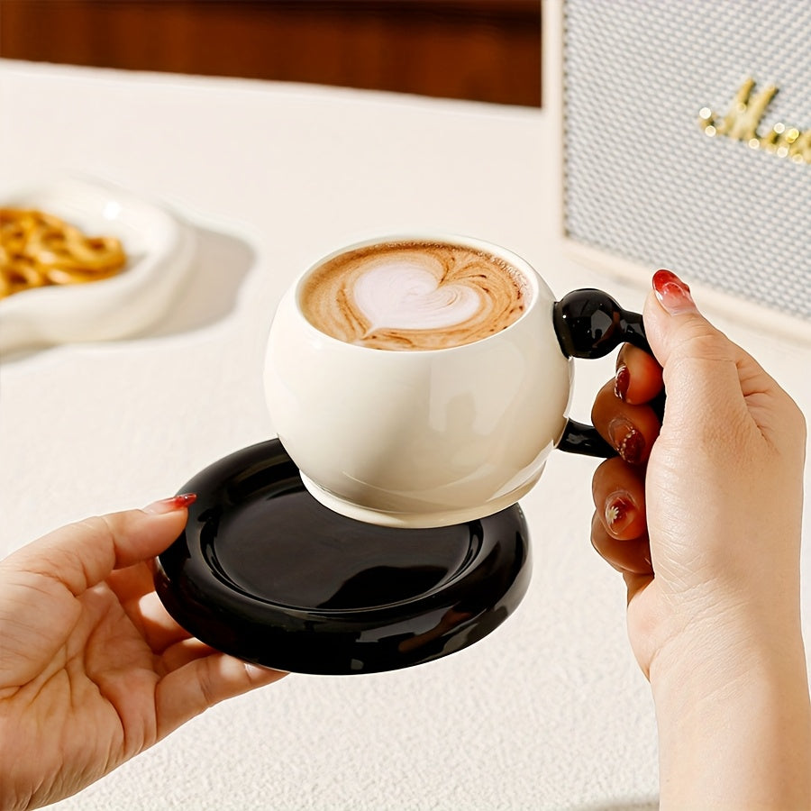 [Ceramic Mug Set] 2-Pack Black and White Ceramic Coffee Mug and Saucer Set | 6 oz Modern Minimalist Design, Durable Dishwasher Safe, Perfect for Home Kitchen, Cafe Use, Afternoon Tea, and Elegant Photo Props - FARIDABIO