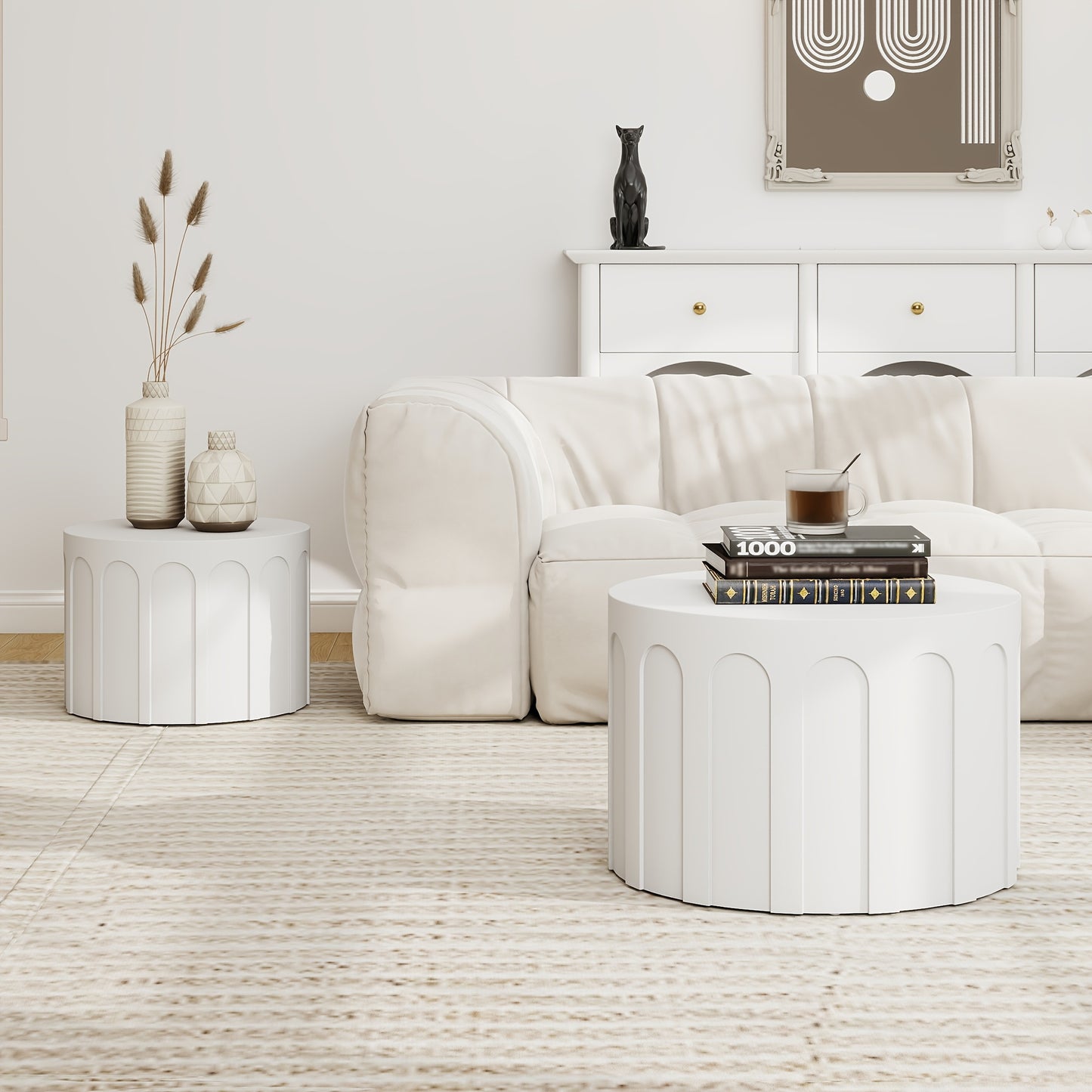 Modern Nesting Coffee Table Set of 2 – Arched Fluted Oak & Birch Tables