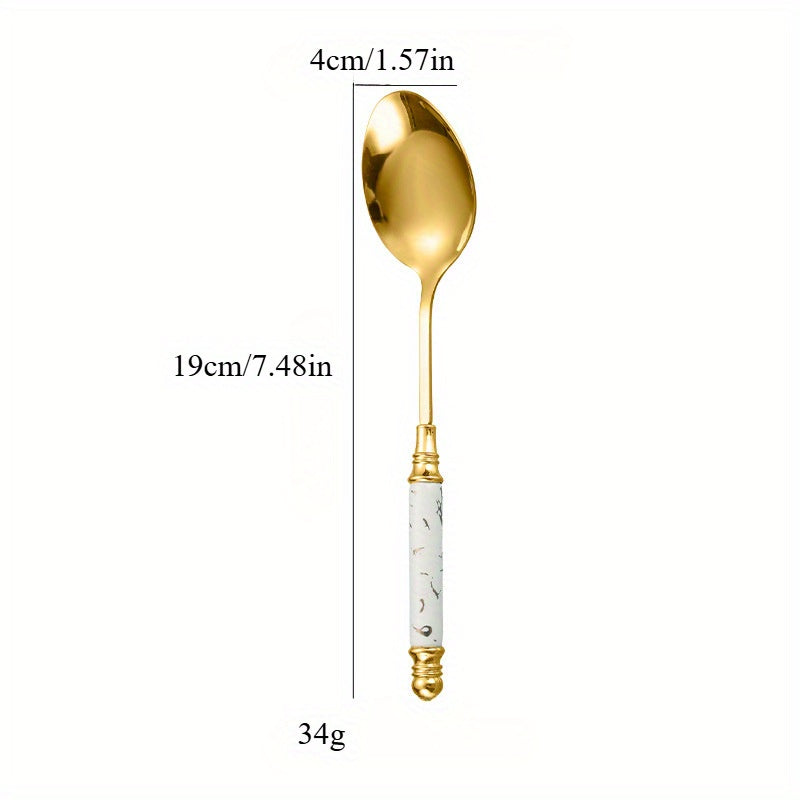 Stylish Stainless Steel Cutlery with a Marble Design, Featuring Vintage Ceramic Handles, Perfect for Upscale Western Meals, Desserts, And Tea Service