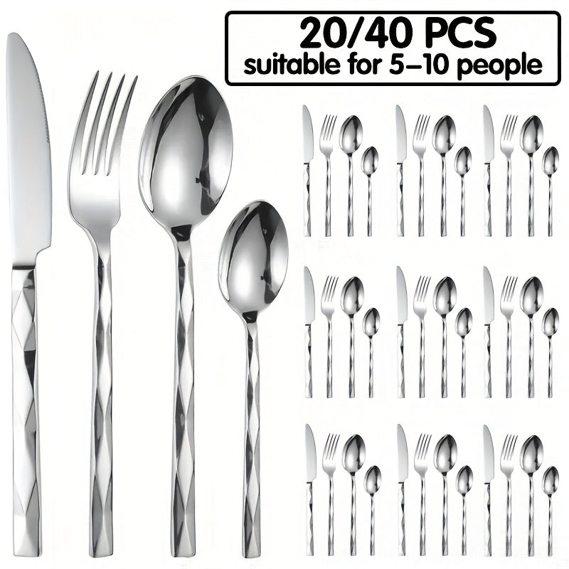 20/40pcs Luxurious Stainless Steel Dinnerware Set | Diamond-Cut Pattern, Elegant Tableware for Kitchen, Home, Weddings, Parties, Christmas, and Housewarming, Polished Mirror End, Dishwasher Safe
