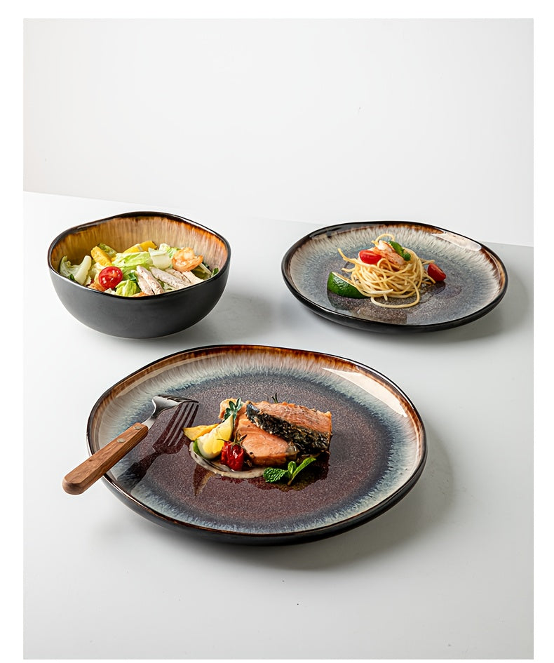 Brown Flame Glaze Ceramic Dinnerware Set (12-Piece) – Modern Plates & Bowls for 4