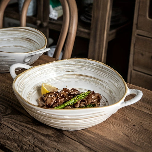 Vintage Ceramic Salad Bowl with Handles (7.5") – Irregular Serving Bowl, Microwave Safe