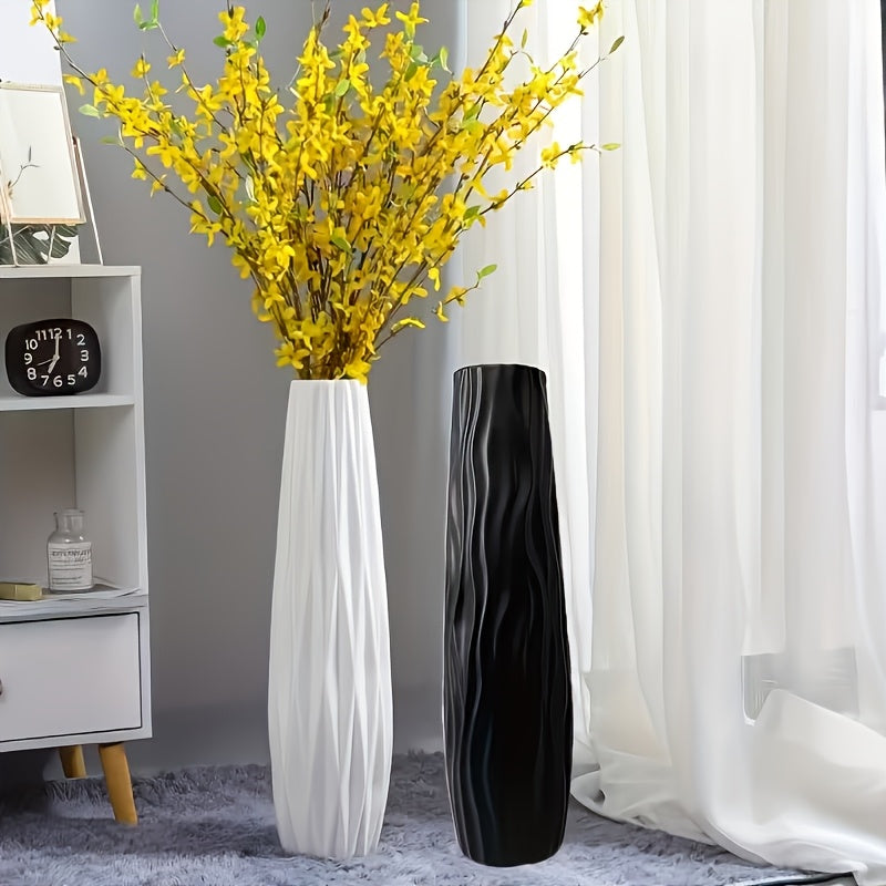 Large Durable Plastic Floor/cabinet Vase, 22.83inch High: Features a European Minimalist Modern Geometric Textured Cylinder Design, Available in White, Black, and Gray. Suitable for Hydroponic and Dried Flower Arrangements, L