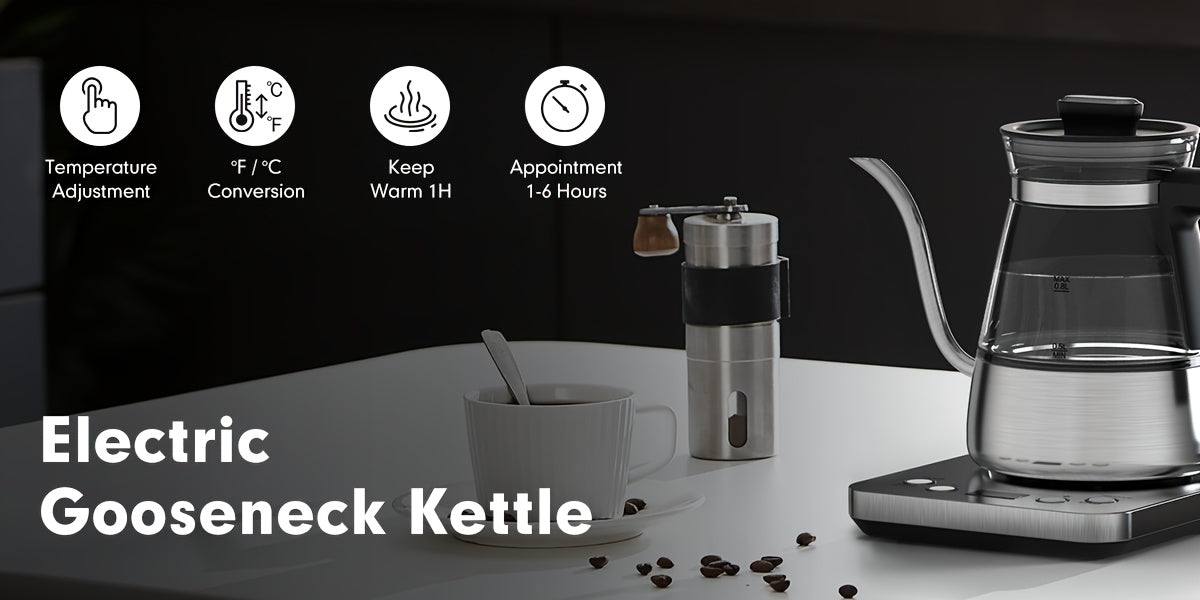 Electric Gooseneck Glass Kettle with Temperature Control, 1200W Rapid Boiling Electric Kettle for Pour-Over Tea Coffee, LCD Display, 1H Keep Warm, 0.8L, Silvery