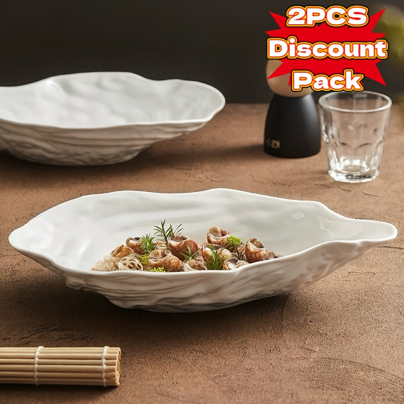 White Shell-Shaped Ceramic Serving Plate Set (2-Piece) – Oyster Design, Microwave Safe
