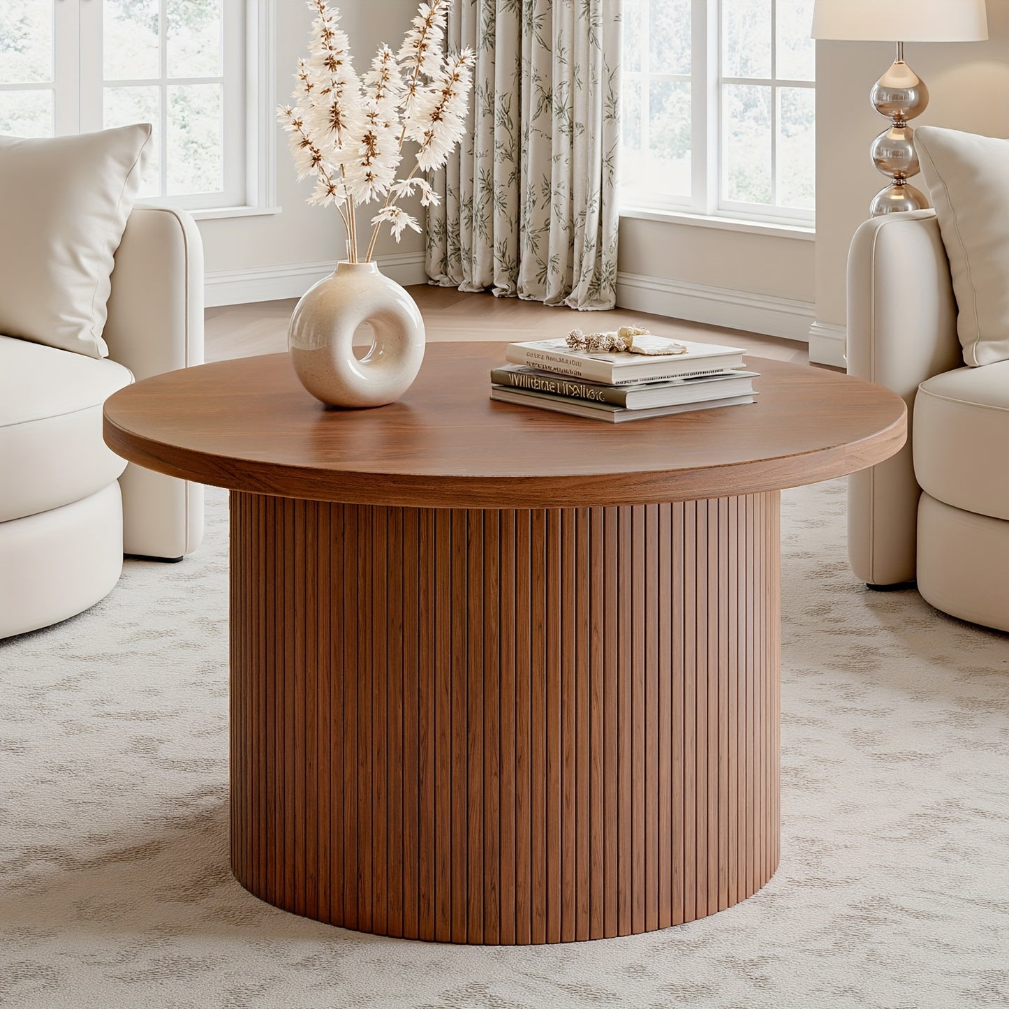 31.5” Round Farmhouse Coffee Table – Wood Center Table with Storage & Roll Pads