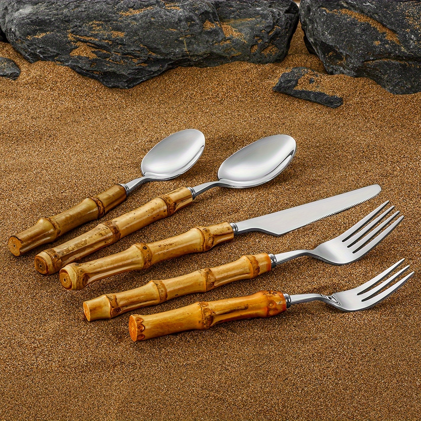 20pcs Bamboo-Handled Stainless Steel Flatware Set: Perfect for Outdoor, Everyday Use, and Gatherings - Suitable for 4 People - Dishwasher Safe - Ideal Wedding, Thanksgiving, Christmas, Valentine's Day, Eid Al-Fitr (Ramadan) G