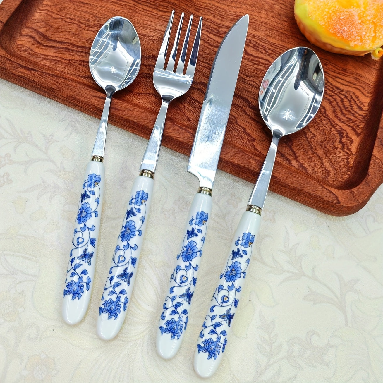 4/24pcs Blue and White Porcelain Ceramic Handle Silverware | Elegant Steak Forks, Table Knife, Spoons, Polished 410 Stainless Steel, Suitable for Restaurants, Kitchens, Daily Dining, Parties, Holiday Gatherings
