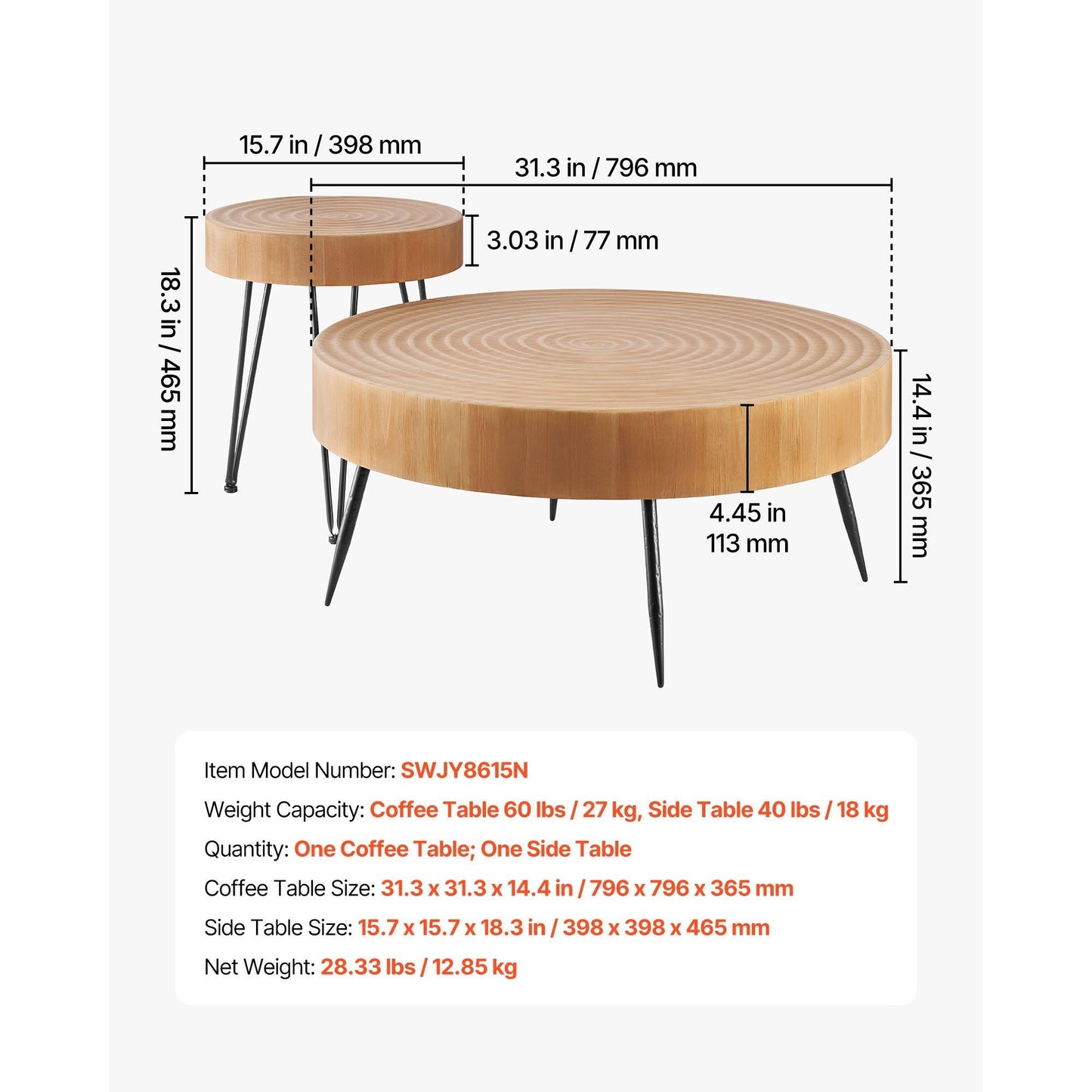 Round Coffee Table Set of 2 – 31.3” Center Table + Matching End Table