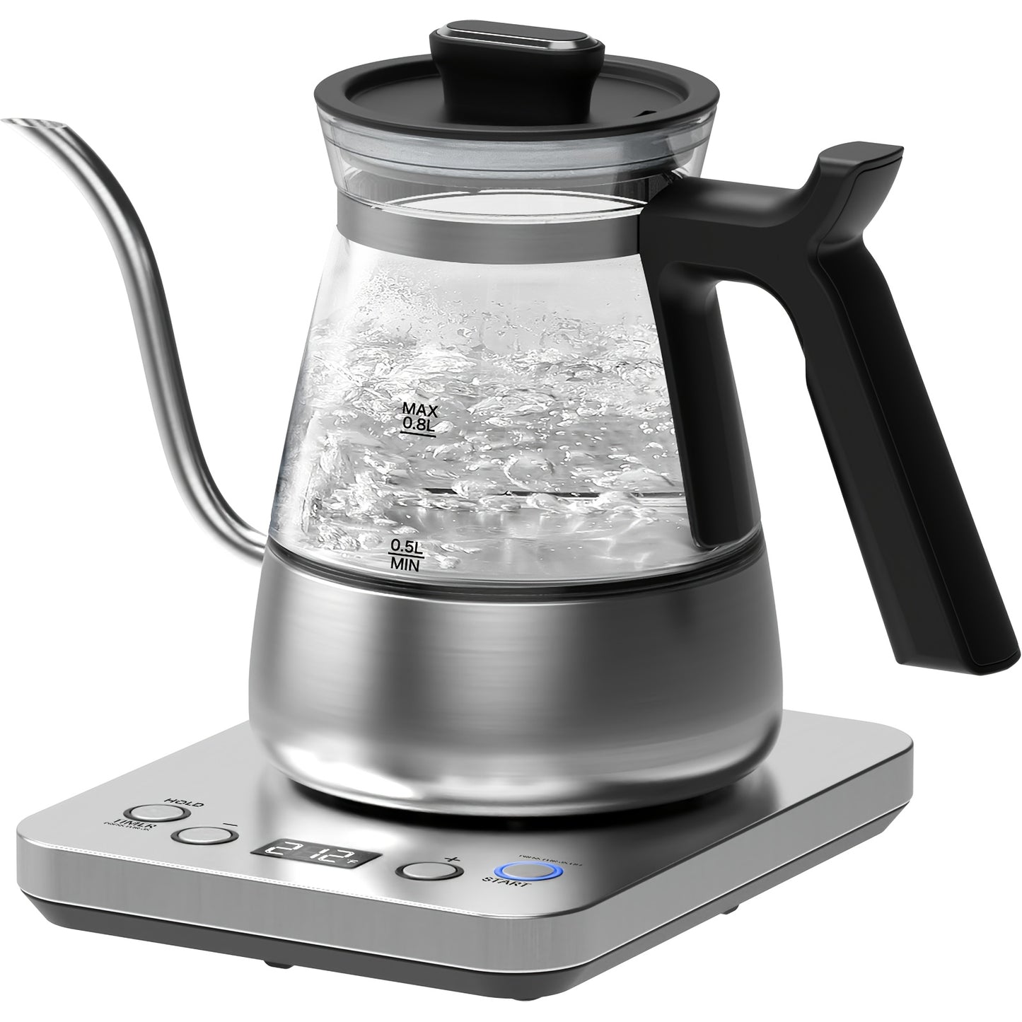Electric Gooseneck Glass Kettle with Temperature Control, 1200W Rapid Boiling Electric Kettle for Pour-Over Tea Coffee, LCD Display, 1H Keep Warm, 0.8L, Silvery