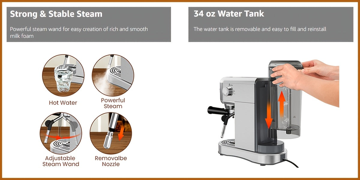 Coffee Machine, 20 Bar Espresso Machine with Milk Frother, Professional Compact EspressoMaker with Steam Milk Frother, Stainless Steel Coffee Machine with 34oz Removable WaterTank, for Cappuccino, Latte, Gift for Women Or Men