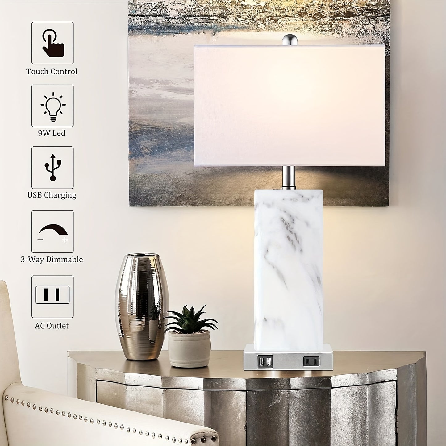 Touch Control Table Lamps Set of 2, Modern Ceramic Bedside Lamp with 2 USB Ports 1 AC Outlet, 3-Way Dimmable White Nightstand Lamp with Fabric Shade for Living Room, Bedroom (LED Bulbs Included)