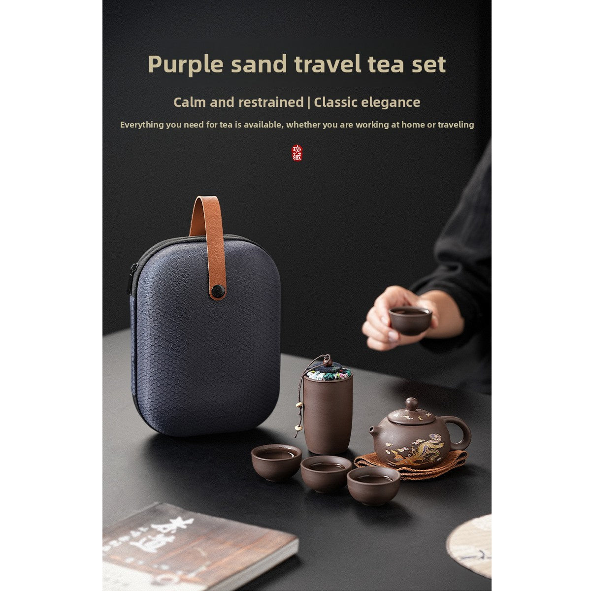 Portable Chinese Ceramic Purple Clay Tea & Coffee Set - One Pot & 4 Cups Travel Tea Suitable for, Camping, Office, Gift for, - Ceramic Tea Set with Storage Bag, Coffee/ Tea Cups