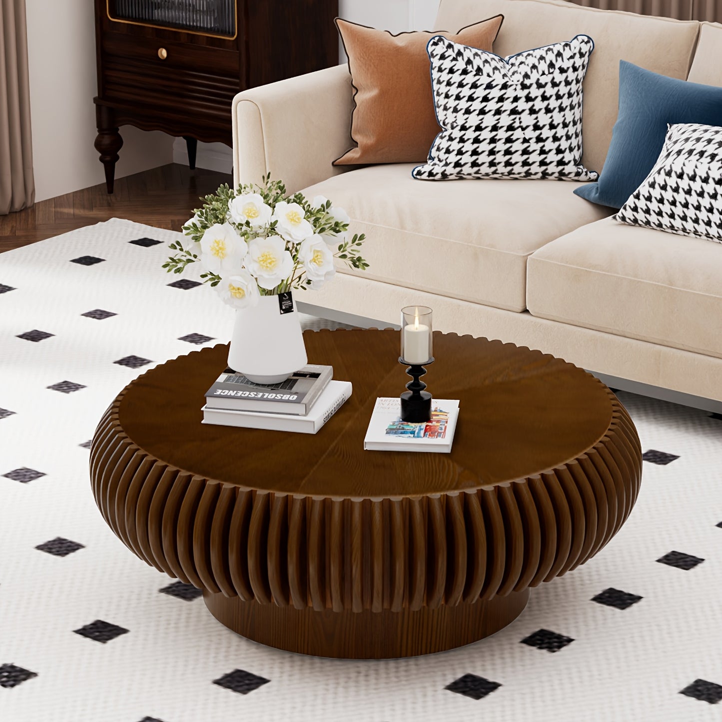 Brown Fluted Drum Coffee Table – Round Pedestal Center Table