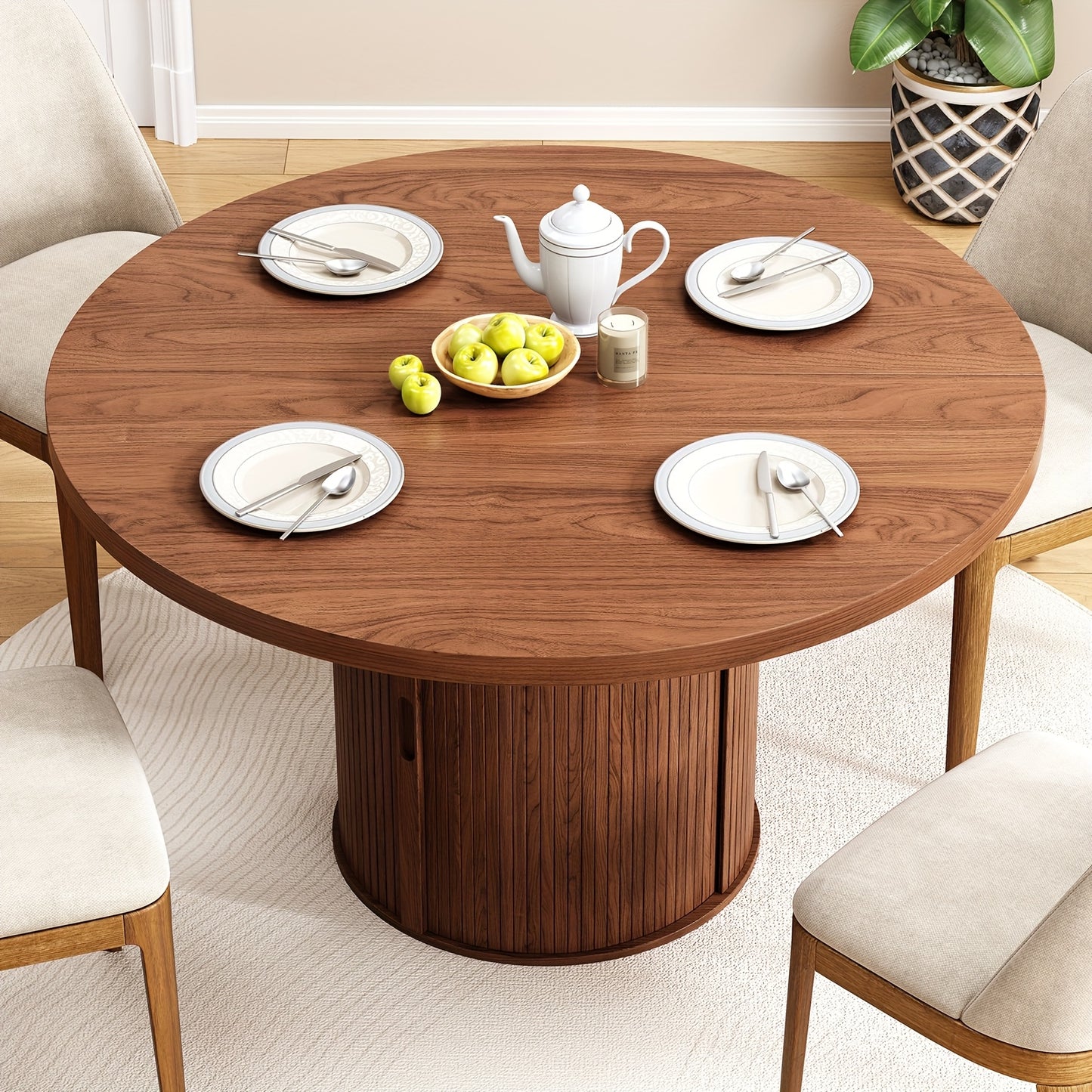 Round Dining Table with Storage – Sliding Doors & Drawer (47”)