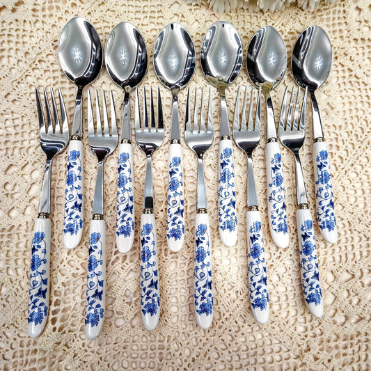 2/12pcs Blue And White Porcelain Handle Silverware Stainless Steel Tableware, Unique And Elegant Forks And Spoons, Beautiful Old-Fashioned Porcelain, Suitable for Restaurants, Kitchens, Daily Dining, Gatherings, And Holiday G