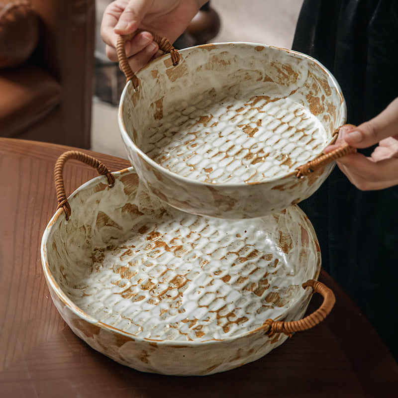 Handmade Rustic Pottery Bowl with Handles – Retro Deep Plate & Serving Bowl