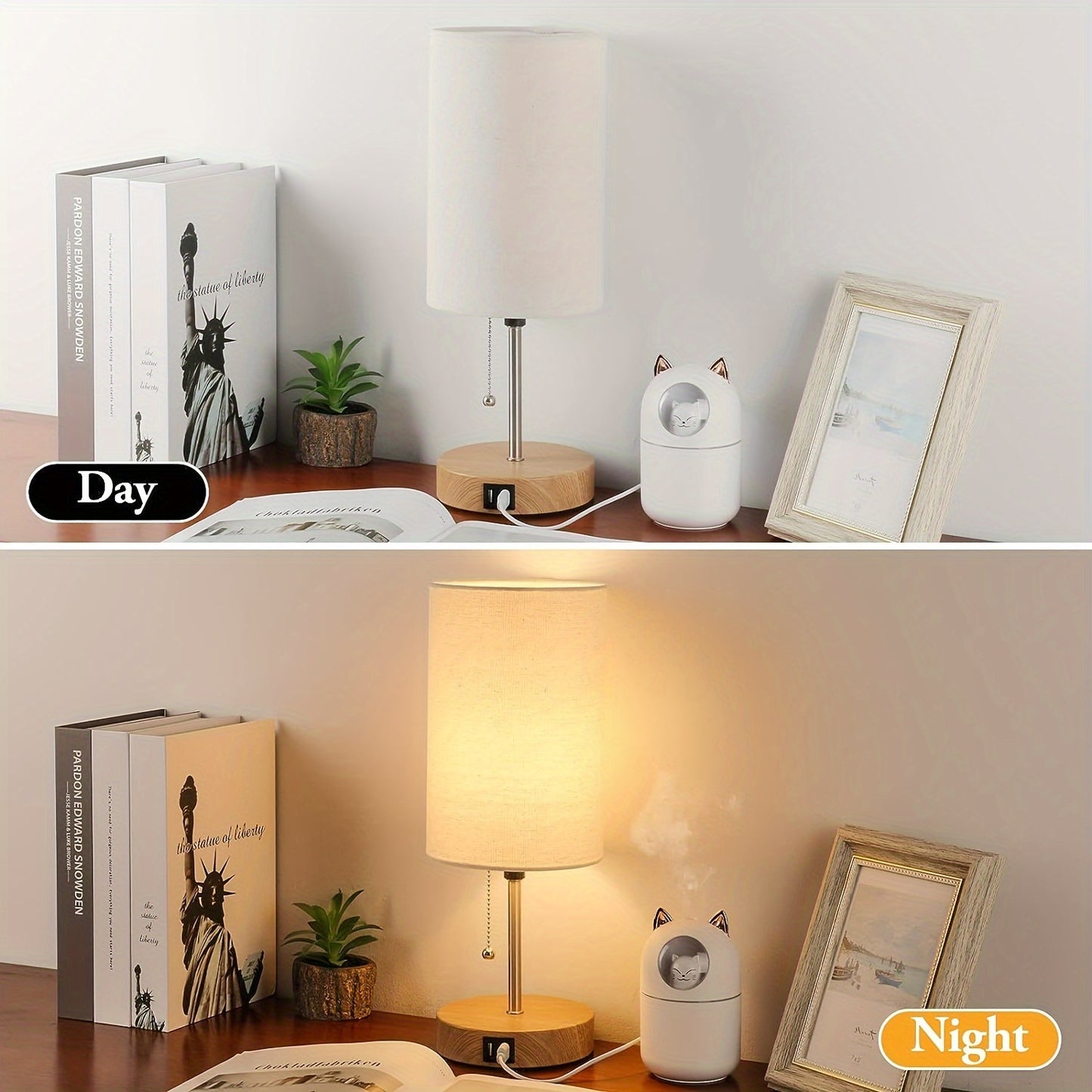 Set of 2 Table Lamps with 2 USB Ports, Modern Bedside, Desk Lamps with Pull Chain, Nightstand Lamps with Cream Fabric Shade and Metal Base for Living Room Bedroom Office Reading Dorm Hotel