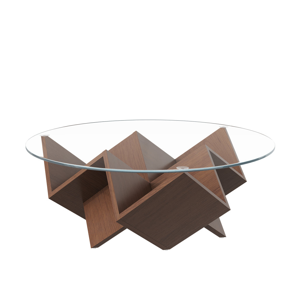 Modern Round Coffee Table with Glass Top & Walnut Base – Storage Shelf