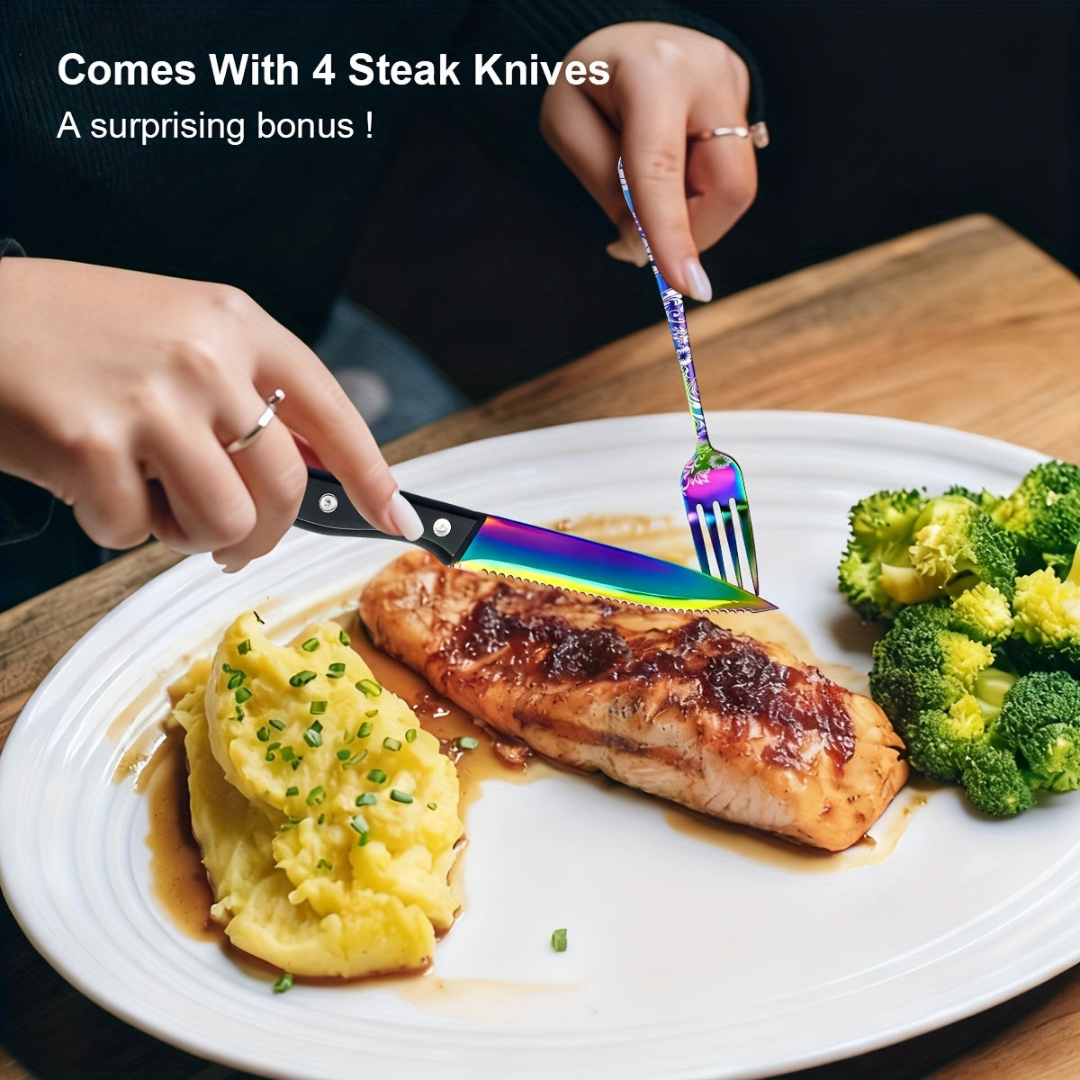 24pcs Stainless Steel Silverware, 4-Person 6pcs Laser-Etched Flatware Set, Flat Cutlery Set, Knife Fork Spoon Chopsticks Set, Suitable for Home, Hotel, Gatherings, Camping, Gifts - Vibrant Colors/Black