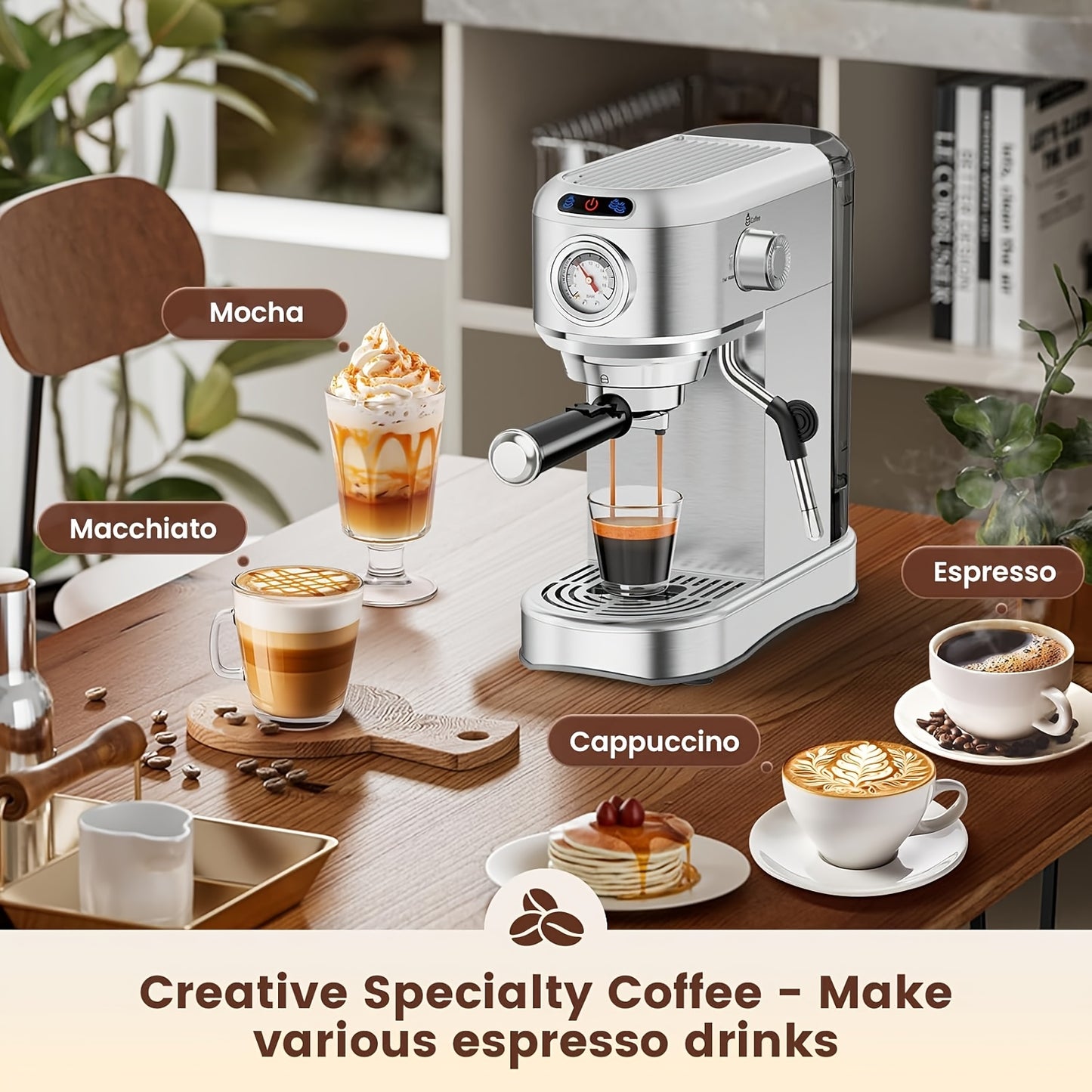 Coffee Machine, 20 Bar Espresso Machine with Milk Frother, Professional Compact EspressoMaker with Steam Milk Frother, Stainless Steel Coffee Machine with 34oz Removable WaterTank, for Cappuccino, Latte, Gift for Women Or Men