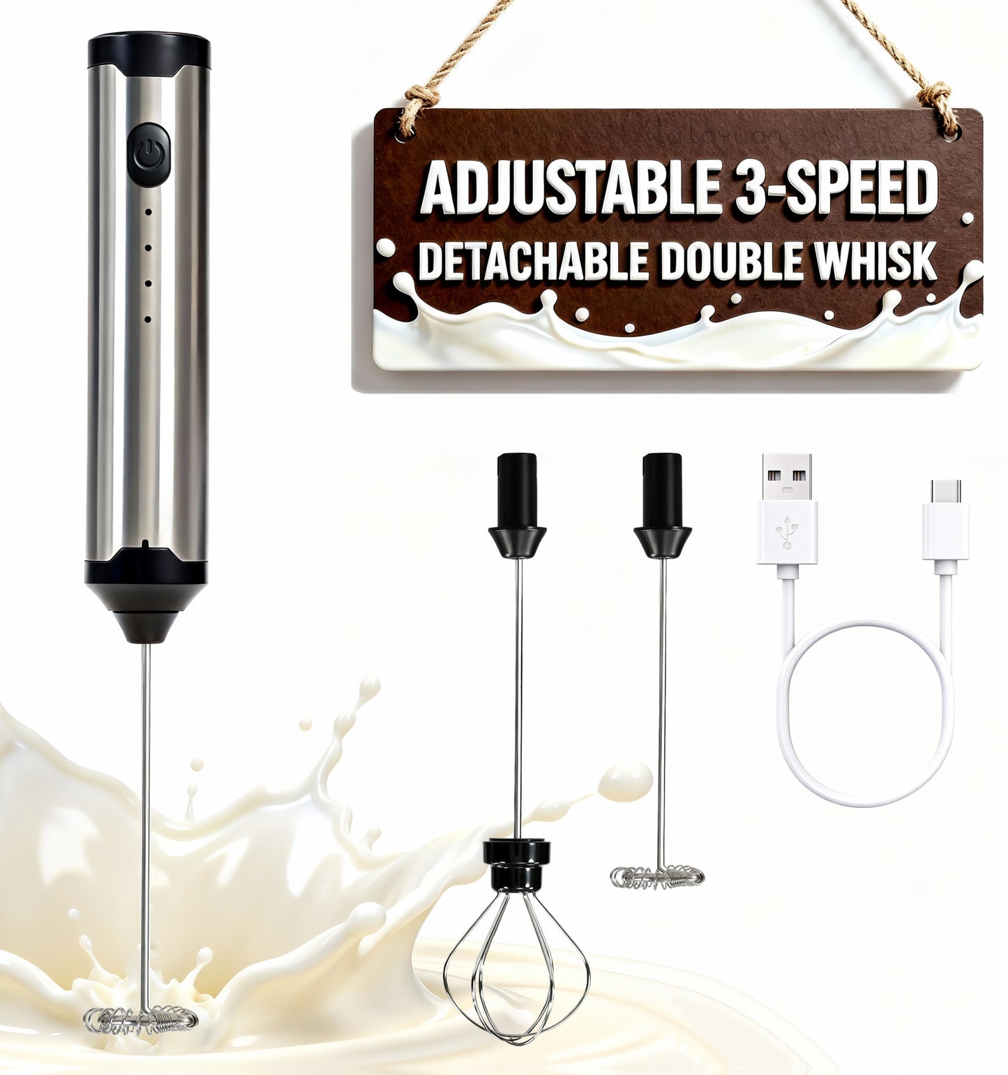 3-Speed Adjustable Rechargeable Milk Frother - 304 Stainless Steel Handheld Electric Foam Maker, Large Battery USB Charging Drink Mixer, Multi-Use Milk & Egg Beater for Coffee, Latte, Matcha, Portable Whisk for Daily & Travel