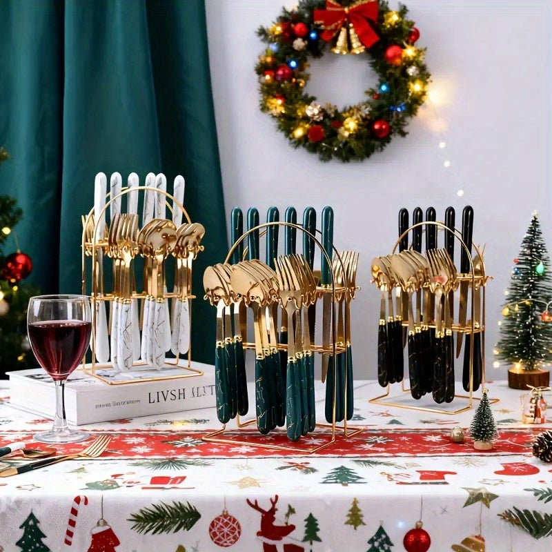 [Ideal Gift] 24pcs Stainless Steel Flatware Set with Steak Knife Holder - Elegant Modern Nordic Dark Green - Heavy Duty 304 Stainless Steel, Durable and Smooth Surface, Ideal Gift Box for Home and Hotel Dining - Complete Cutl